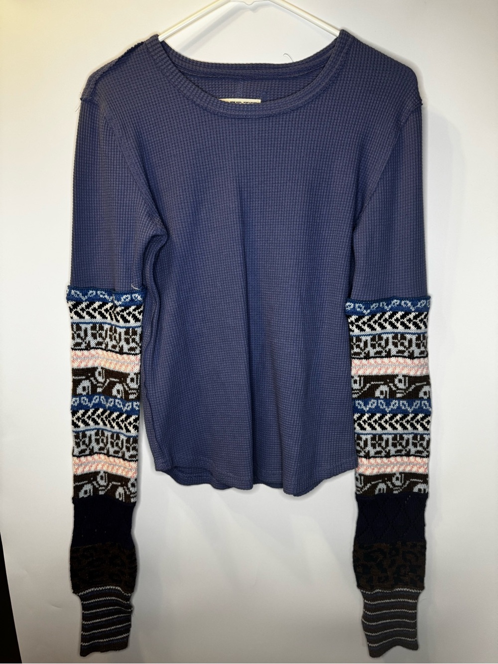 We The Free Slate Blue Waffle Knit Long-Sleeve Top with Patterned Sleeves